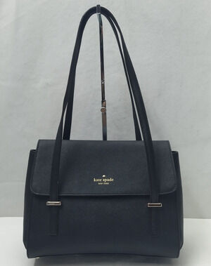 Kate Spade New York Black Leather Double Handles Flap Satchel Shoulder Bag